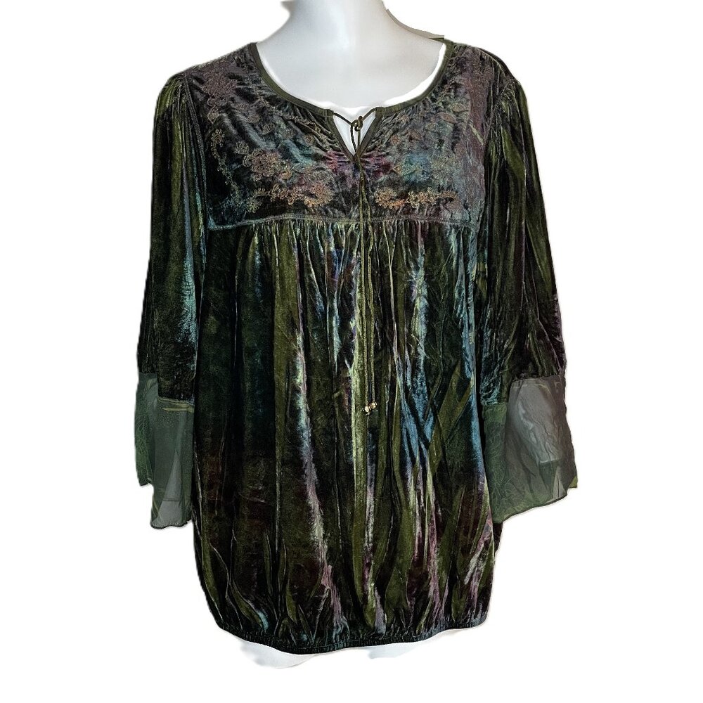 One World Top 2X Green Boho Velvet Embroidered Peasant Fairycore Forest Gypsy
